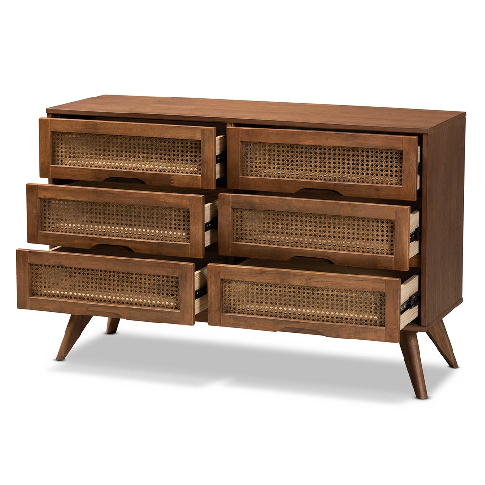 Baxton Studio Barrett Mid-Century Modern Walnut Brown Finished Wood And Synthetic Rattan 6-Drawer Dresser