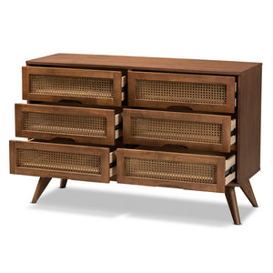 Baxton Studio Barrett Mid-Century Modern Walnut Brown Finished Wood And Synthetic Rattan 6-Drawer Dresser