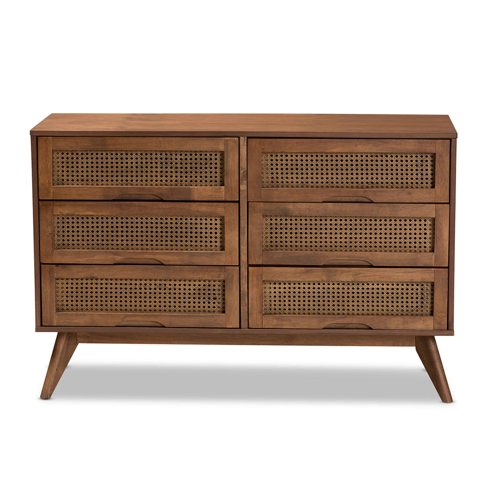 Baxton Studio Barrett Mid-Century Modern Walnut Brown Finished Wood And Synthetic Rattan 6-Drawer Dresser