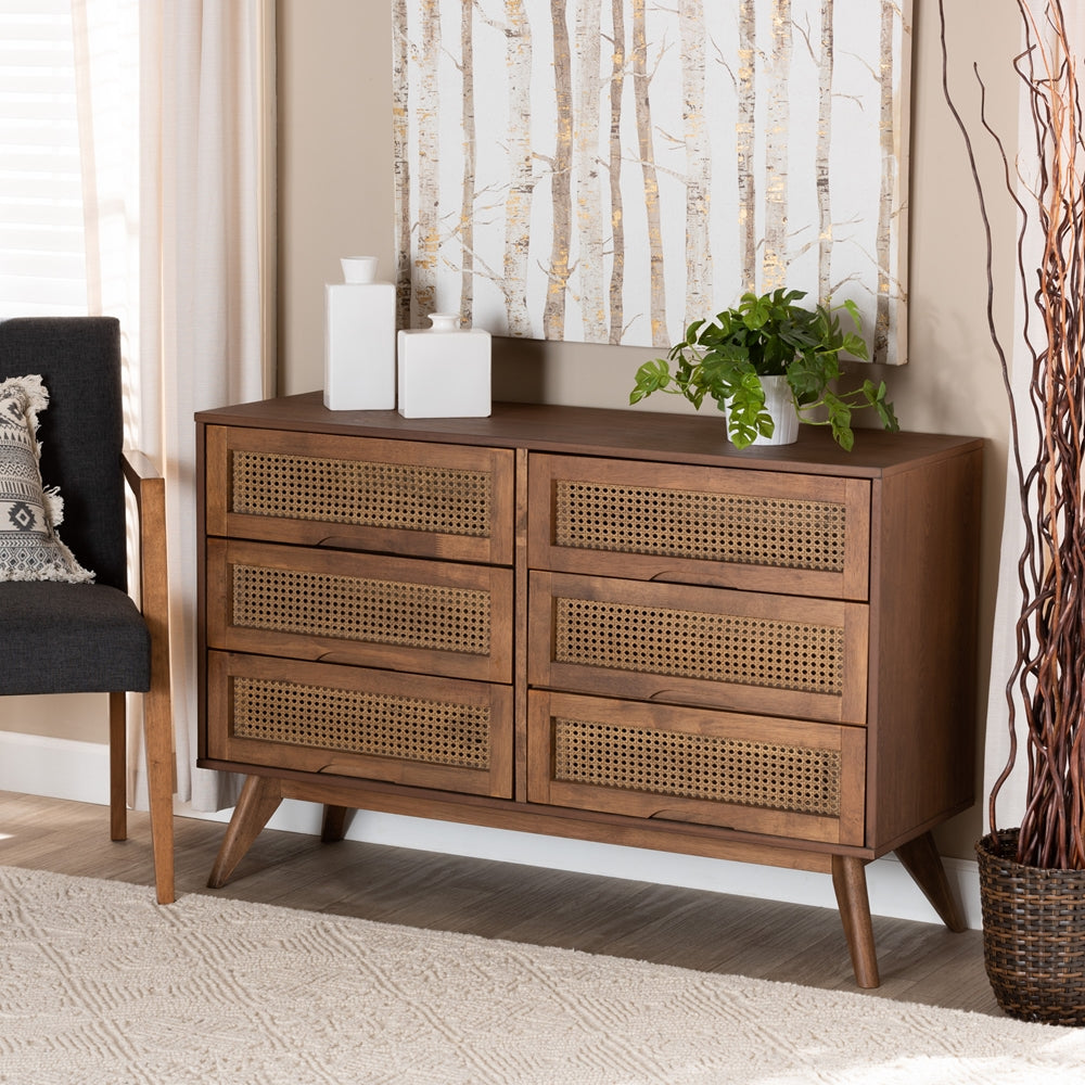 BAXTON STUDIO BARRETT MID-CENTURY MODERN WALNUT BROWN FINISHED WOOD AND SYNTHETIC RATTAN 6-DRAWER DRESSER