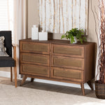 Load image into Gallery viewer, BAXTON STUDIO BARRETT MID-CENTURY MODERN WALNUT BROWN FINISHED WOOD AND SYNTHETIC RATTAN 6-DRAWER DRESSER
