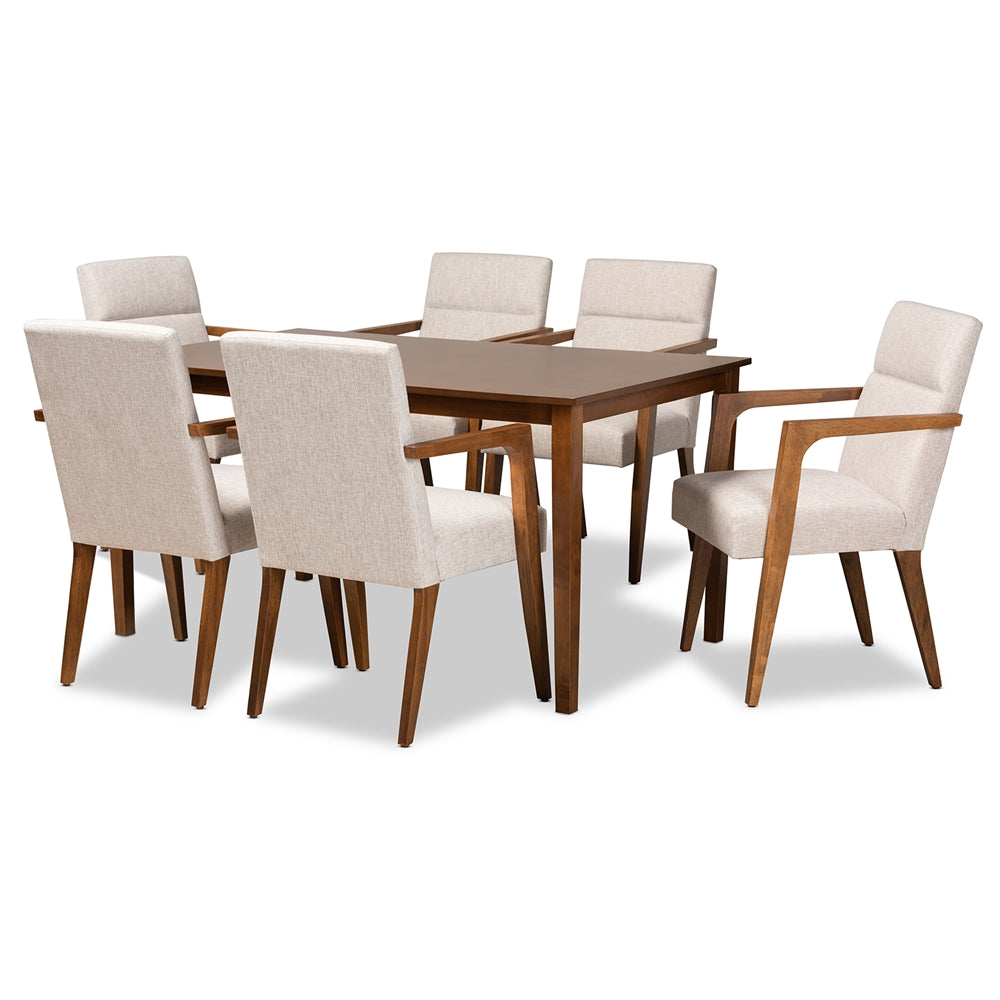 Baxton Studio Glenda Mid-Century Modern Fabric Upholstered and Walnut Brown Finished Wood 7-Piece Dining Set