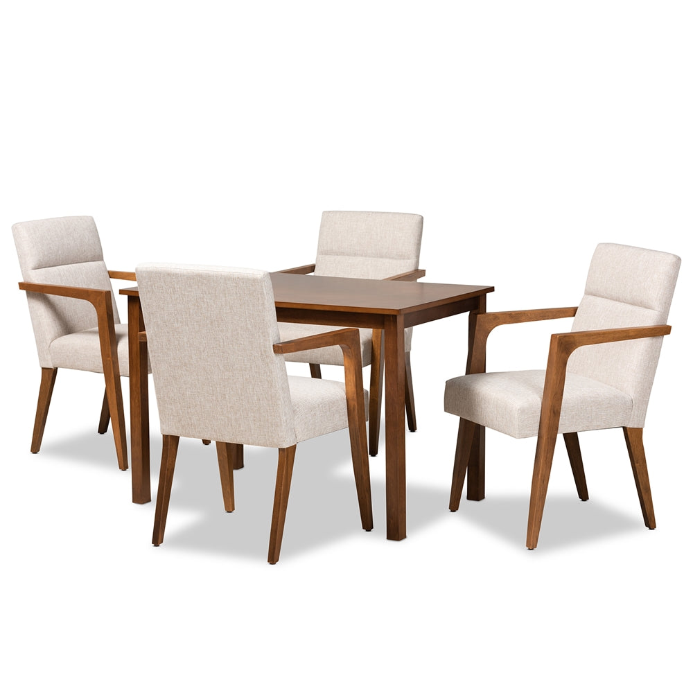 Baxton Studio Glenda Mid-Century Modern Fabric Upholstered and Walnut Brown Finished Wood 5-Piece Dining Set