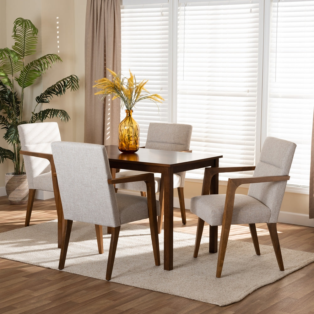 Baxton Studio Glenda Mid-Century Modern Beige Fabric Upholstered And Walnut Brown Finished Wood 5-Piece Dining Set