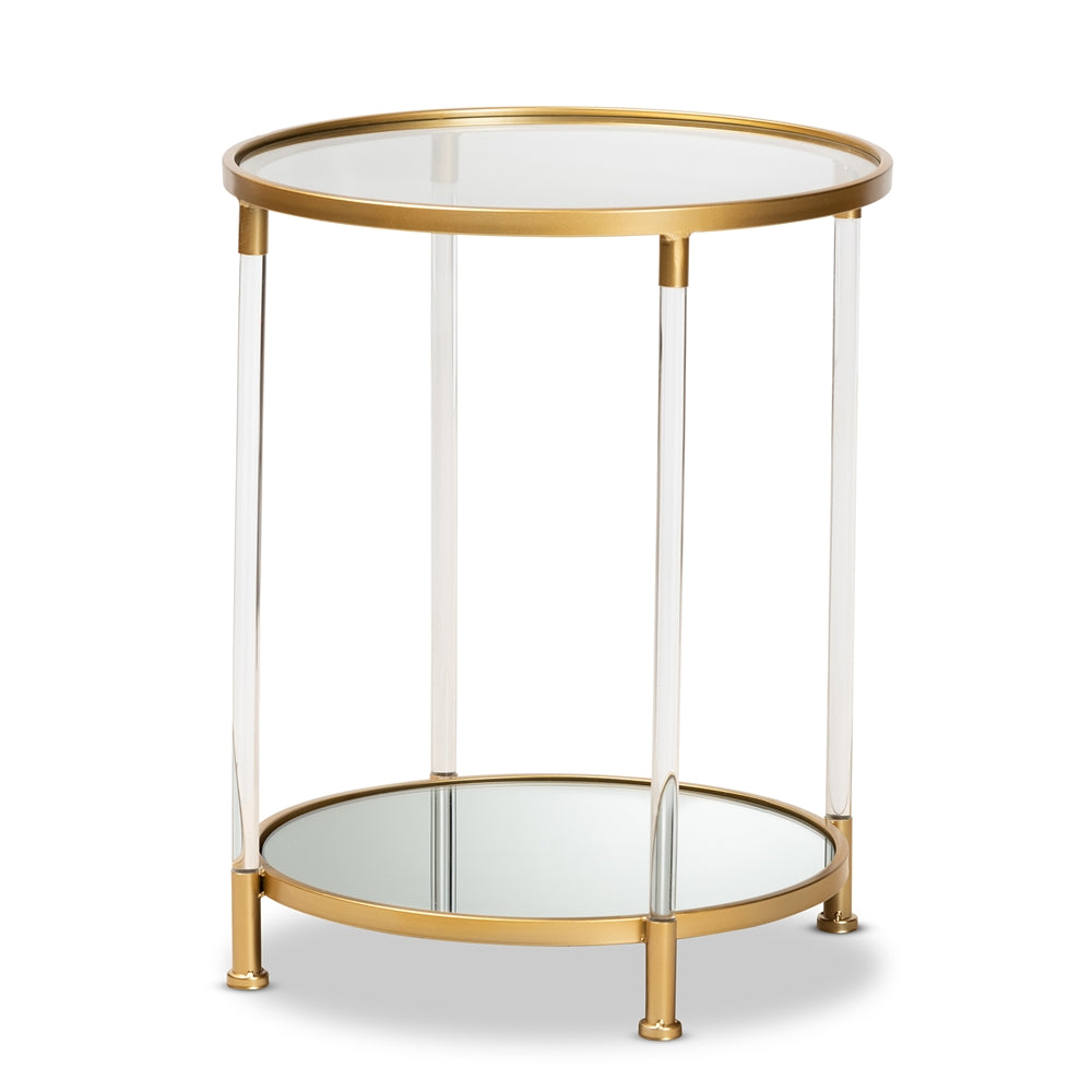 Baxton Studio Aubrie Glam and Luxe Brushed Finished Metal and Mirrored Glass Round Accent End Table with Acrylic Legs