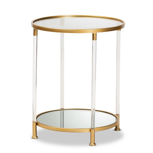 Baxton Studio Aubrie Glam and Luxe Brushed Finished Metal and Mirrored Glass Round Accent End Table with Acrylic Legs