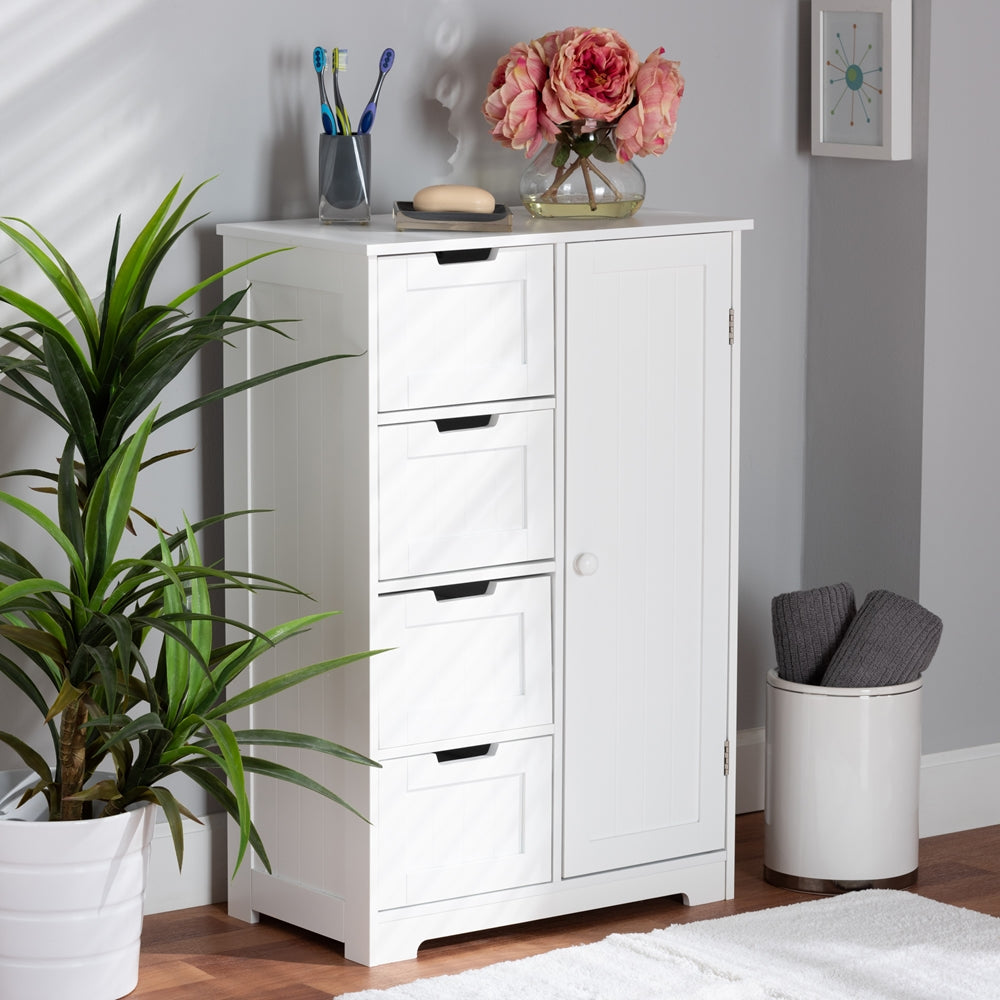 BAXTON STUDIO BAUER MODERN AND CONTEMPORARY WHITE FINISHED WOOD 4-DRAWER BATHROOM STORAGE CABINET