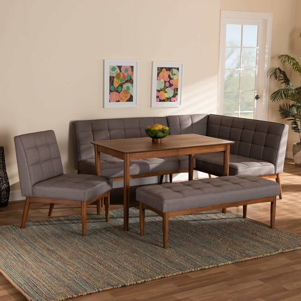 Baxton Studio Sanford Mid-Century Modern Grey Fabric Upholstered And Walnut Brown Finished Wood 5-Piece Dining Nook Set