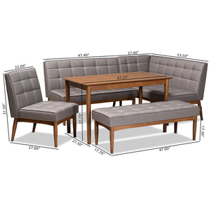 Baxton Studio Sanford Mid-Century Modern Grey Fabric Upholstered And Walnut Brown Finished Wood 5-Piece Dining Nook Set