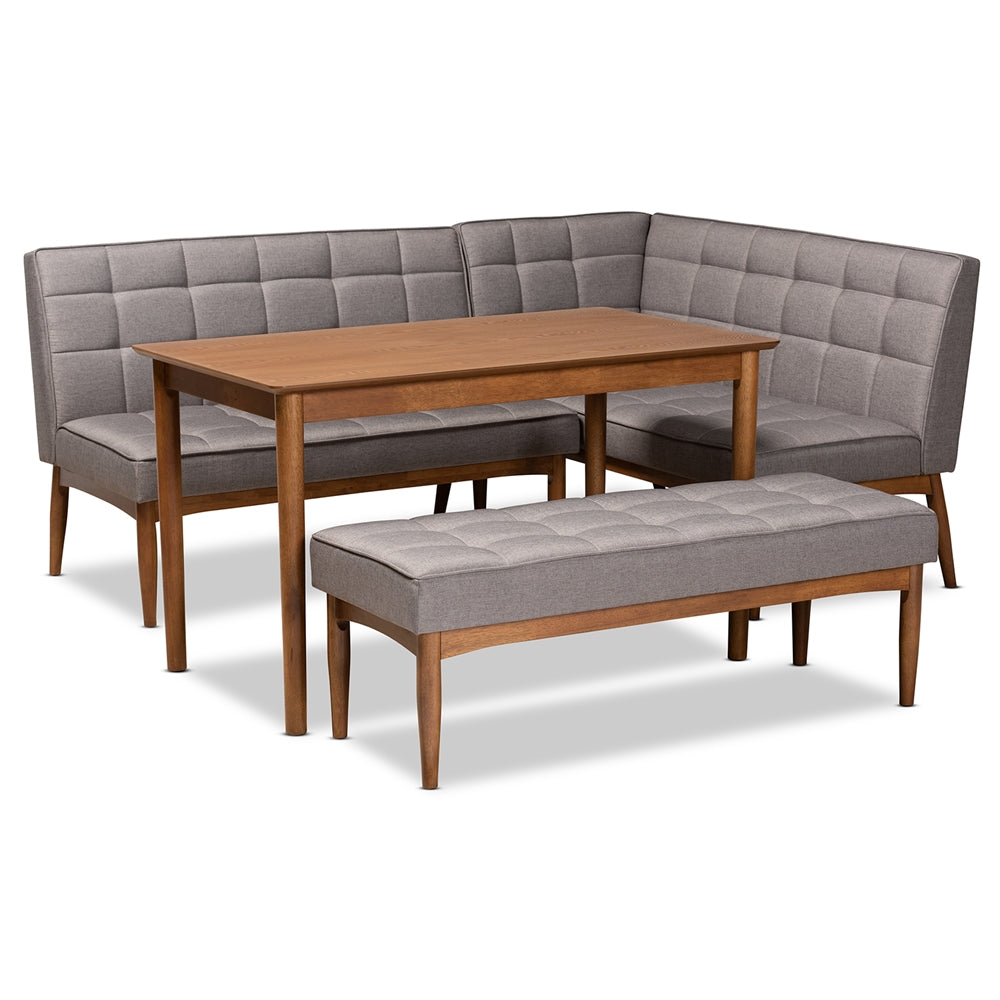 Baxton Studio Sanford Mid-Century Modern Grey Fabric Upholstered And Walnut Brown Finished Wood 4-Piece Dining Nook Set