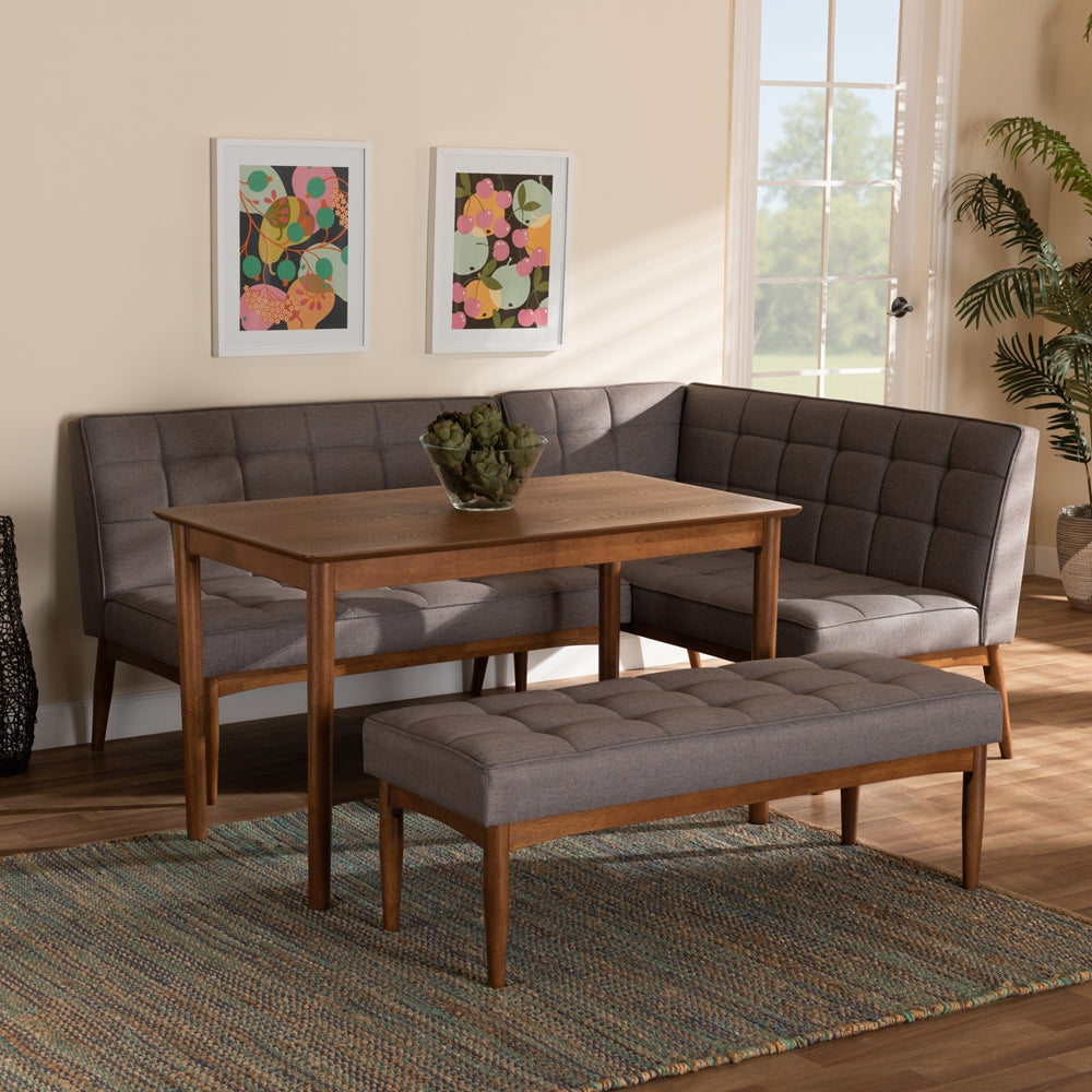 Baxton Studio Sanford Mid-Century Modern Grey Fabric Upholstered And Walnut Brown Finished Wood 4-Piece Dining Nook Set