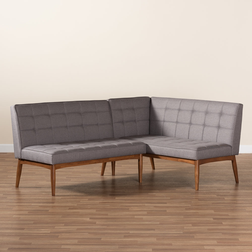 Baxton Studio Sanford Mid-Century Modern Grey Fabric Upholstered And Walnut Brown Finished Wood 2-Piece Dining Nook Banquette Set