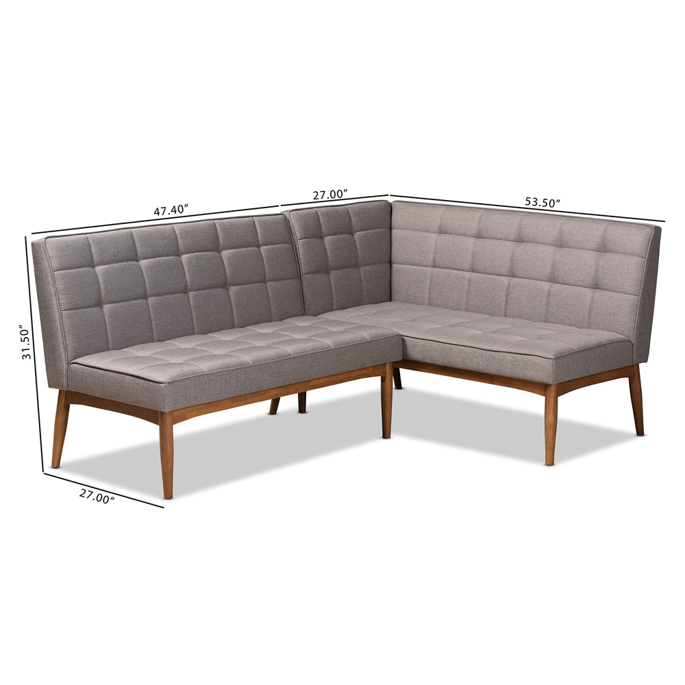 Baxton Studio Sanford Mid-Century Modern Grey Fabric Upholstered And Walnut Brown Finished Wood 2-Piece Dining Nook Banquette Set