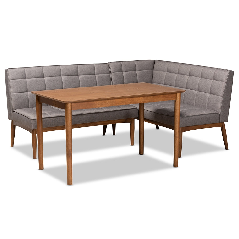 Baxton Studio Sanford Mid-Century Modern Fabric Upholstered and Walnut Brown Finished Wood 3-Piece Dining Nook Set