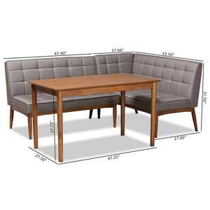 Baxton Studio Sanford Mid-Century Modern Grey Fabric Upholstered And Walnut Brown Finished Wood 3-Piece Dining Nook Set