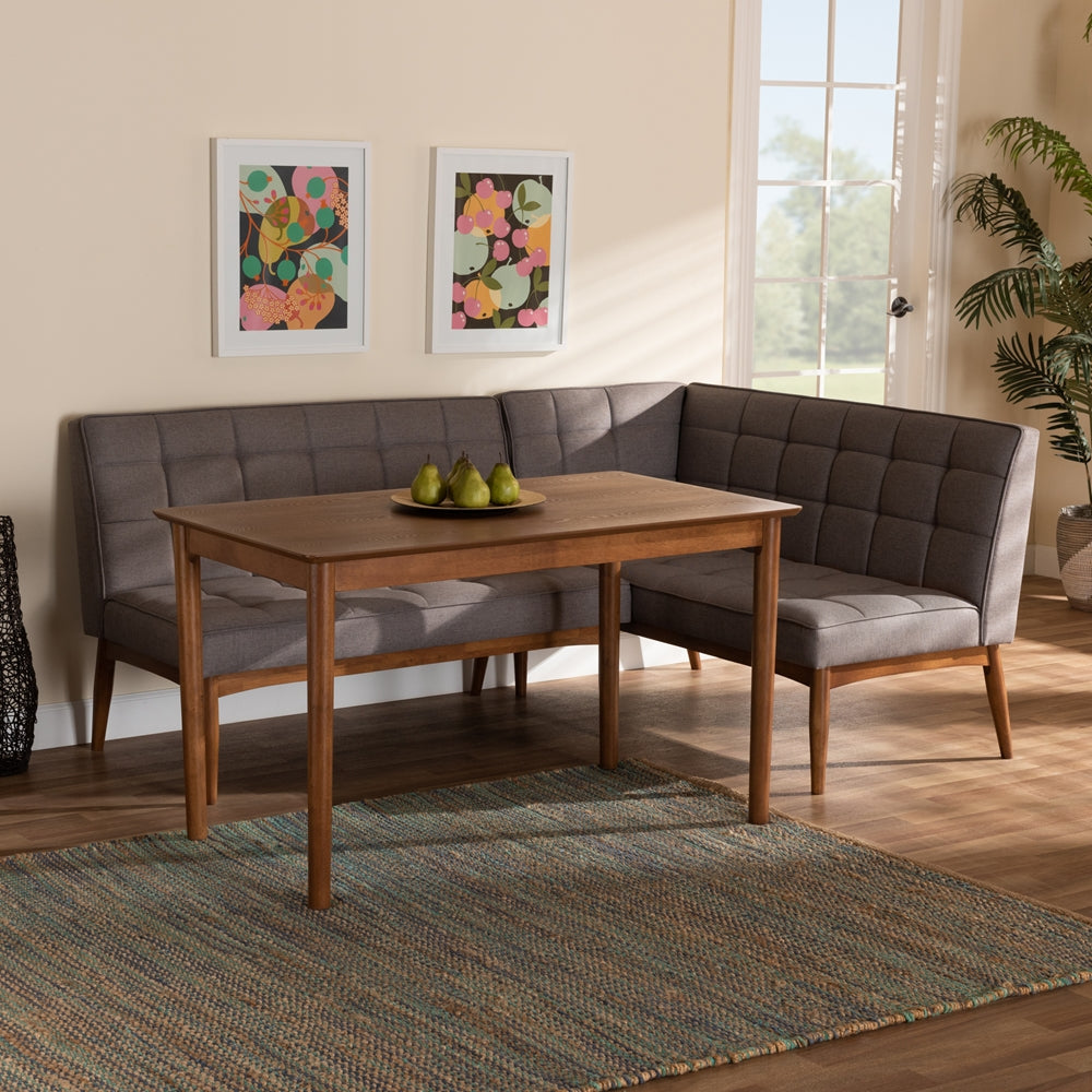 Baxton Studio Sanford Mid-Century Modern Grey Fabric Upholstered And Walnut Brown Finished Wood 3-Piece Dining Nook Set