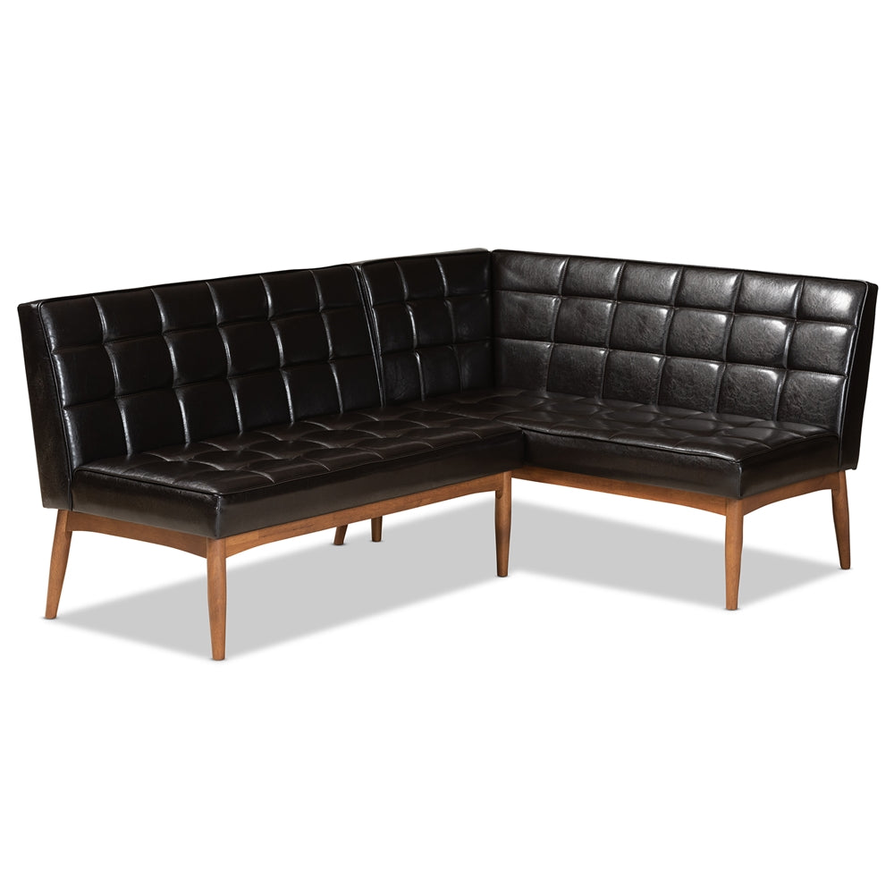 Baxton Studio Sanford Mid-Century Modern Faux Leather Upholstered and Walnut Brown Finished Wood 2-Piece Dining Nook Banquette Set