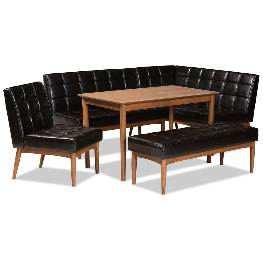 Baxton Studio Sanford Mid-Century Modern Faux Leather Upholstered and Walnut Brown Finished Wood 5-Piece Dining Nook Set