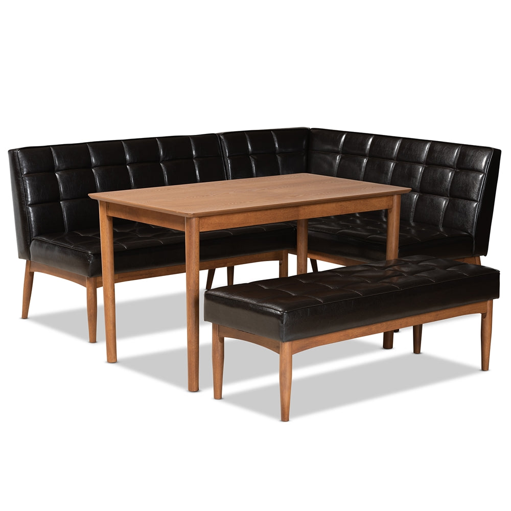 Baxton Studio Sanford Mid-Century Modern Dark Brown Faux Leather Upholstered And Walnut Brown Finished Wood 4-Piece Dining Nook Set