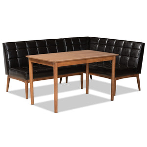 Baxton Studio Sanford Mid-Century Modern Faux Leather Upholstered and Walnut Brown Finished Wood 3-Piece Dining Nook Set