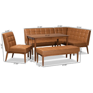 Baxton Studio Sanford Mid-Century Modern Tan Faux Leather Upholstered And Walnut Brown Finished Wood 5-Piece Dining Nook Set