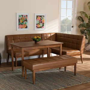 Baxton Studio Sanford Mid-Century Modern Tan Faux Leather Upholstered And Walnut Brown Finished Wood 4-Piece Dining Nook Set