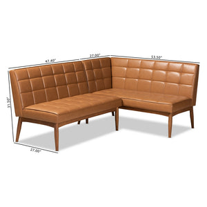 Baxton Studio Sanford Mid-Century Modern Tan Faux Leather Upholstered And Walnut Brown Finished Wood 2-Piece Dining Nook Banquette Set