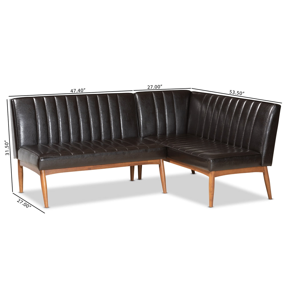 Baxton Studio Daymond Mid-Century Modern Dark Brown Faux Leather Upholstered And Walnut Brown Finished Wood 2-Piece Dining Nook Banquette Set