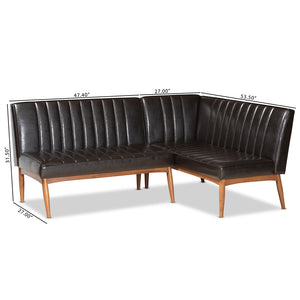 Baxton Studio Daymond Mid-Century Modern Dark Brown Faux Leather Upholstered And Walnut Brown Finished Wood 2-Piece Dining Nook Banquette Set