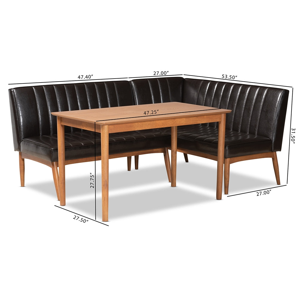 Baxton Studio Daymond Mid-Century Modern Dark Brown Faux Leather Upholstered And Walnut Brown Finished Wood 3-Piece Dining Nook Set