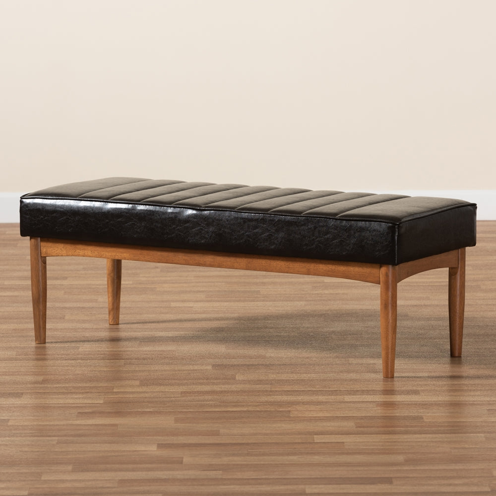 Baxton Studio Daymond Mid-Century Modern Dark Brown Faux Leather Upholstered And Walnut Brown Finished Wood Dining Bench