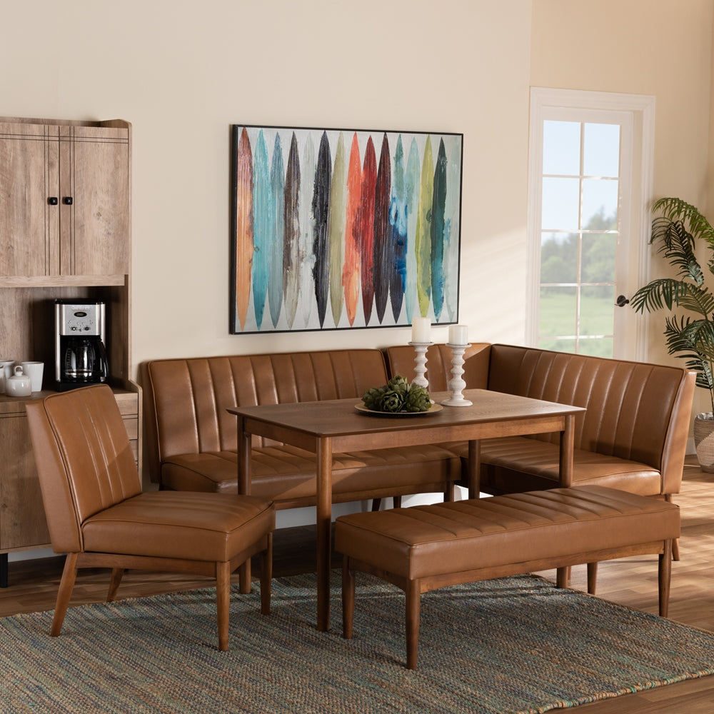 Baxton Studio Daymond Mid-Century Modern Tan Faux Leather Upholstered And Walnut Brown Finished Wood 5-Piece Dining Nook Set