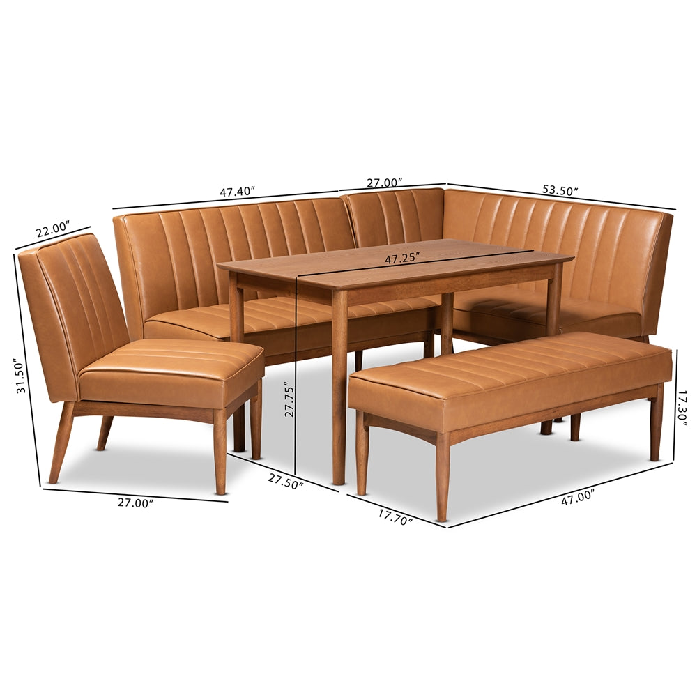 Baxton Studio Daymond Mid-Century Modern Tan Faux Leather Upholstered And Walnut Brown Finished Wood 5-Piece Dining Nook Set