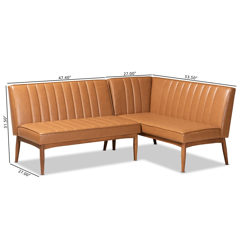 Baxton Studio Daymond Mid-Century Modern Tan Faux Leather Upholstered And Walnut Brown Finished Wood 2-Piece Dining Nook Banquette Set