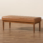 Load image into Gallery viewer, Baxton Studio Daymond Mid-Century Modern Tan Faux Leather Upholstered And Walnut Brown Finished Wood Dining Bench
