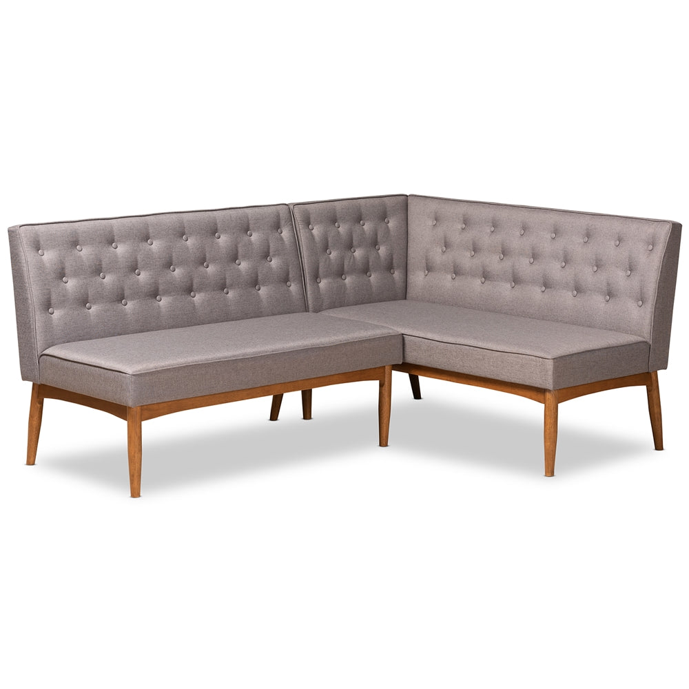 Baxton Studio Riordan Mid-Century Modern Grey Fabric Upholstered And Walnut Brown Finished Wood 2-Piece Dining Nook Banquette Set