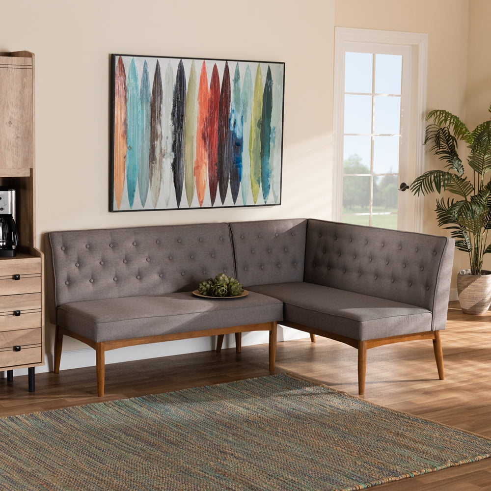 Baxton Studio Riordan Mid-Century Modern Grey Fabric Upholstered And Walnut Brown Finished Wood 2-Piece Dining Nook Banquette Set