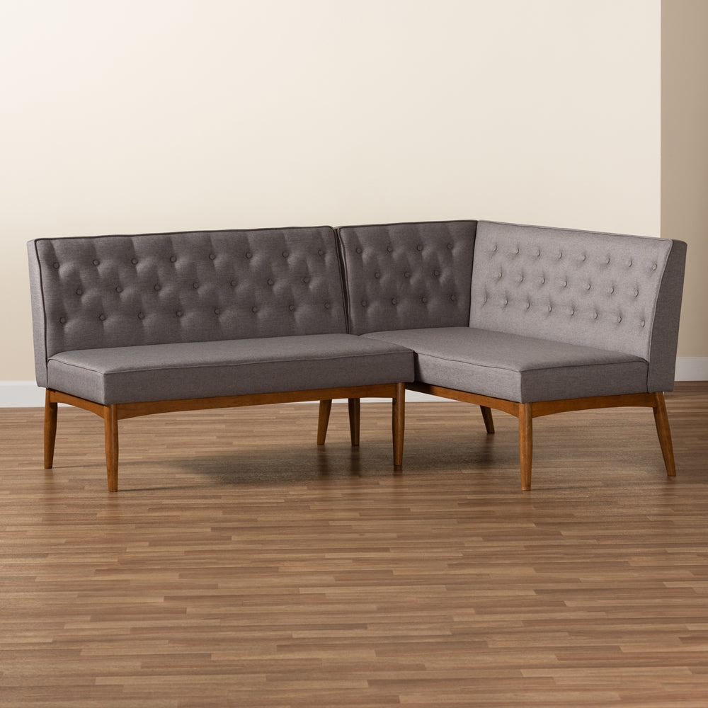 Baxton Studio Riordan Mid-Century Modern Grey Fabric Upholstered And Walnut Brown Finished Wood 2-Piece Dining Nook Banquette Set