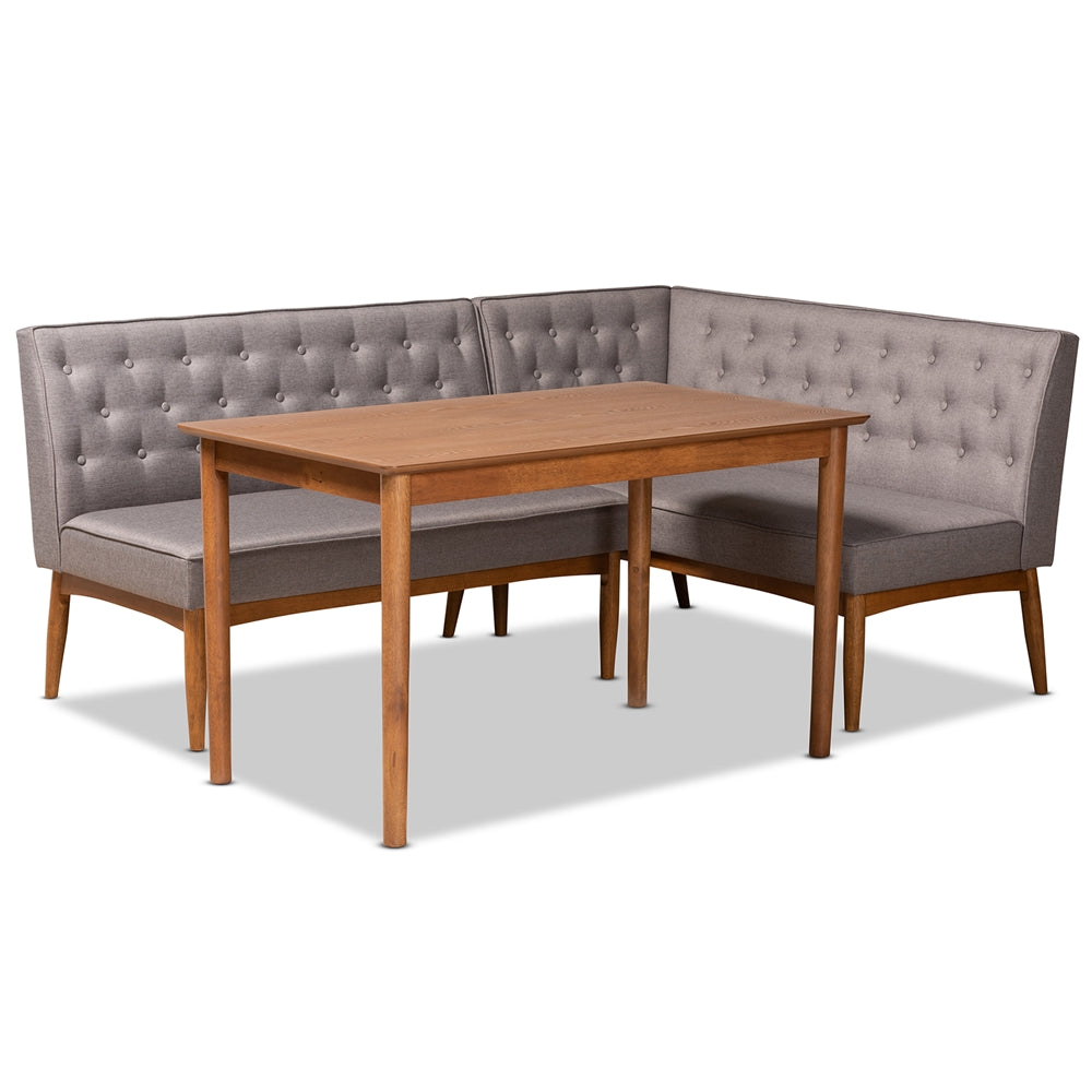 Baxton Studio Riordan Mid-Century Modern Fabric Upholstered and Finished Wood 3-Piece Dining Nook Set