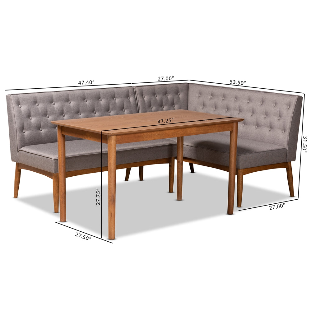 Baxton Studio Riordan Mid-Century Modern Grey Fabric Upholstered And Walnut Brown Finished Wood 3-Piece Dining Nook Set