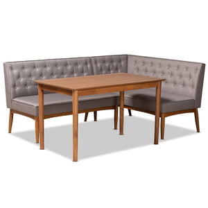 Baxton Studio Riordan Mid-Century Modern Fabric Upholstered and Finished Wood 3-Piece Dining Nook Set