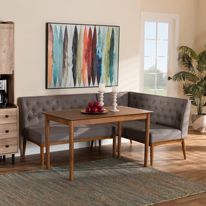 Baxton Studio Riordan Mid-Century Modern Grey Fabric Upholstered And Walnut Brown Finished Wood 3-Piece Dining Nook Set