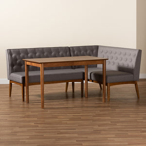 Baxton Studio Riordan Mid-Century Modern Grey Fabric Upholstered And Walnut Brown Finished Wood 3-Piece Dining Nook Set