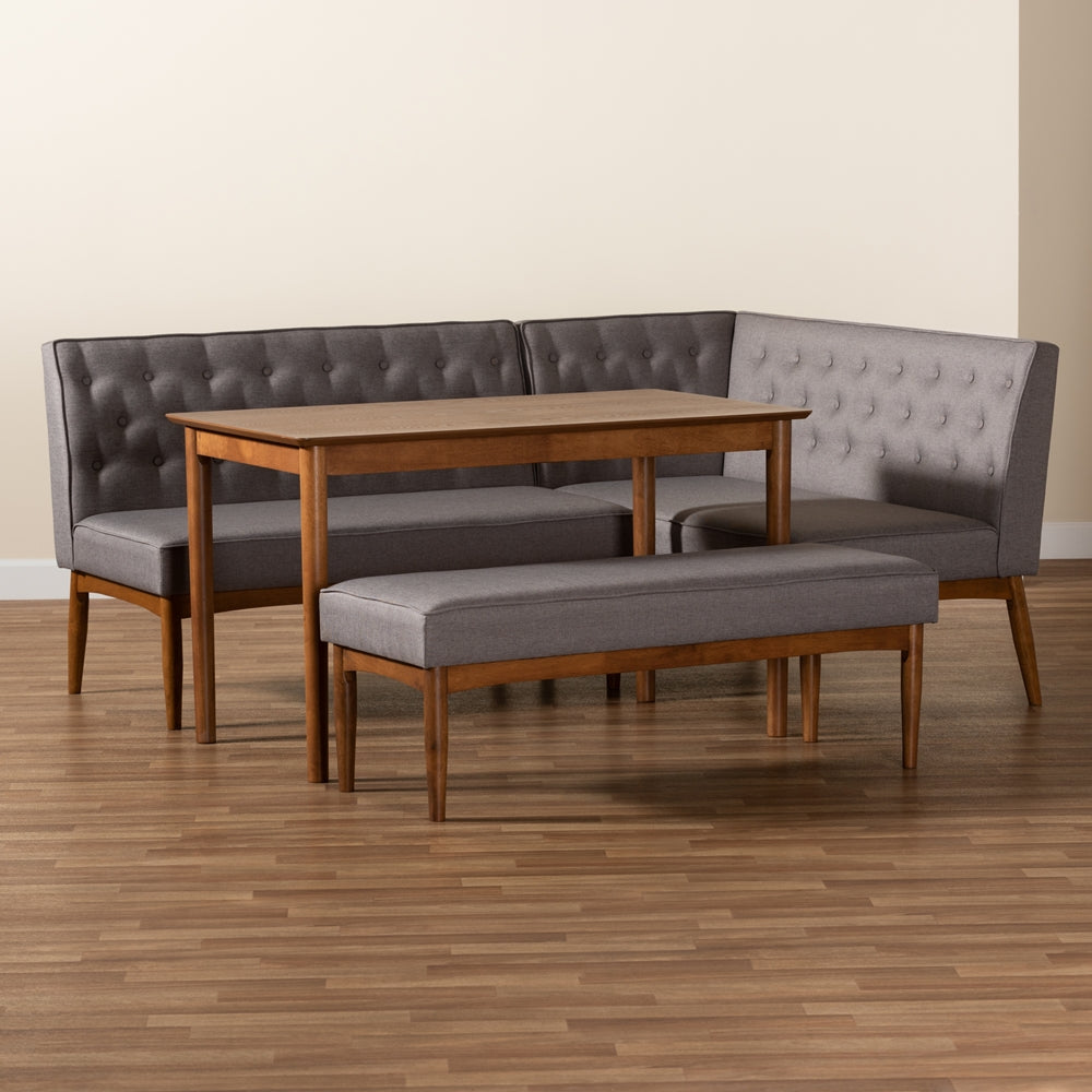 Baxton Studio Riordan Mid-Century Modern Grey Fabric Upholstered And Walnut Brown Finished Wood 4-Piece Dining Nook Set