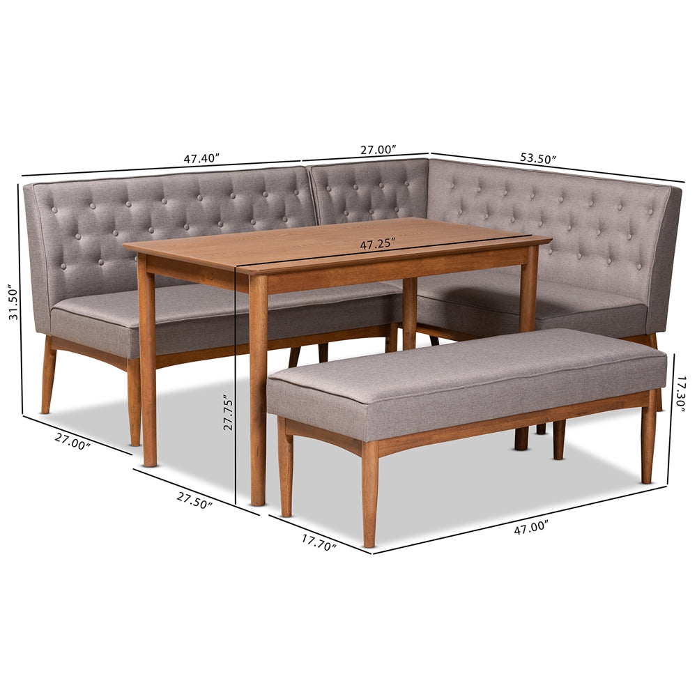 Baxton Studio Riordan Mid-Century Modern Grey Fabric Upholstered And Walnut Brown Finished Wood 4-Piece Dining Nook Set