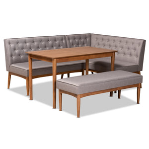 Baxton Studio Riordan Mid-Century Modern Grey Fabric Upholstered And Walnut Brown Finished Wood 4-Piece Dining Nook Set