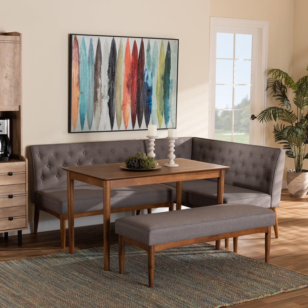 Baxton Studio Riordan Mid-Century Modern Grey Fabric Upholstered And Walnut Brown Finished Wood 4-Piece Dining Nook Set