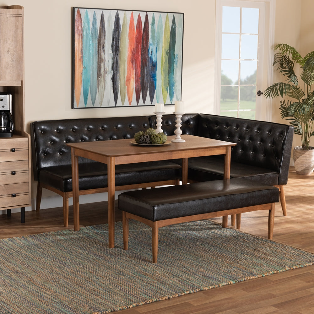 Baxton Studio Riordan Mid-Century Modern Dark Brown Faux Leather Upholstered And Walnut Brown Finished Wood 4-Piece Dining Nook Set