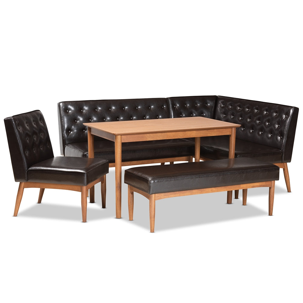 Baxton Studio Riordan Mid-Century Modern Faux Leather Upholstered and Finished Wood 5-Piece Dining Nook Set