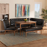 Load image into Gallery viewer, Baxton Studio Riordan Mid-Century Modern Dark Brown Faux Leather Upholstered And Walnut Brown Finished Wood 5-Piece Dining Nook Set
